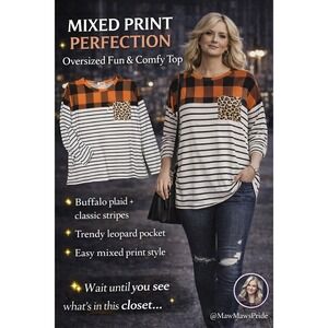 Haptics Womens Long Sleeve Plaid Stripe‎ Leopard Print Top Oversized Large 327